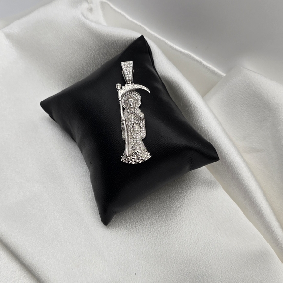 Rhodium Over Sterling Silver 925 Moissanite Santa Muerte Pendant